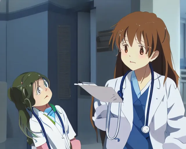 Image similar to a cute young female doctor wearing white coat are talking to a little girl in a hospital, slice of life anime, lighting, anime scenery by Makoto shinkai