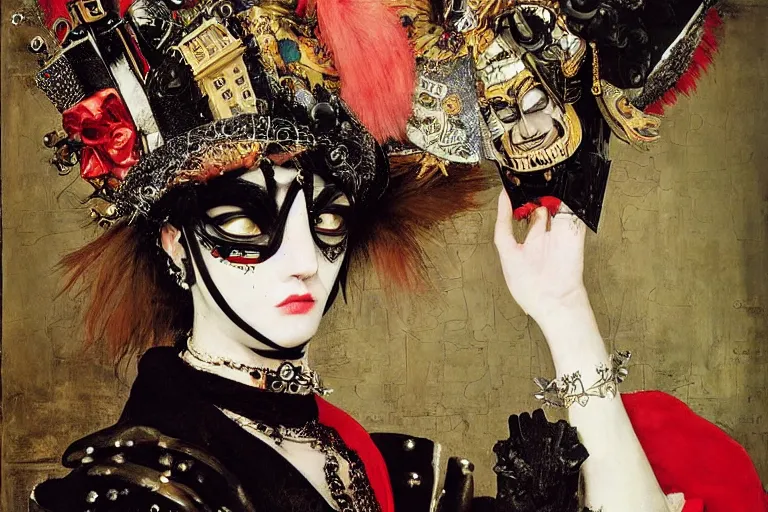 Prompt: close up portrait of a punk goth girl wearing venetian carnival mask in a cyberpunk futuristic venezia carnival by ellen von unwerth, oil painting by canaletto hieronymus bosh leonardo da vinci piero della francesca botticelli