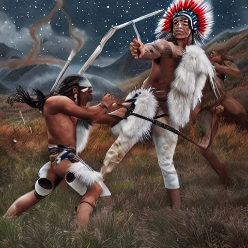 Image similar to majestic native americans fighting cyborg white men in a snowy field, art by neave bozorgi, styled like neave bozorgi, hyper realistic,