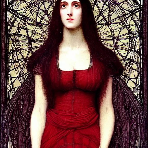 Image similar to Symmetric Pre-Raphaelite painting of a beautiful mystic woman with dark hair in a very detailed silk dark red dress by John William Waterhouse, zoomed out, surrounded by a dark gothic frame of highly detailed mathematical drawings of neural networks and geometry by Doré , highly detailed mathematical drawings of geometry