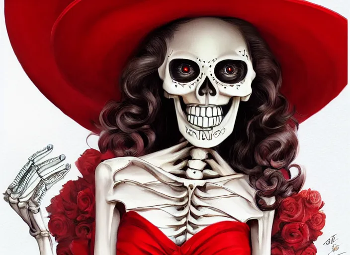 Image similar to cute & beautiful smiling mexican undead skeleton girl wearing a sombrero and a wide red dress, elegant, digital art, fantasy, pixar style, painting, pin up, highly detailed, artstation, art by artgerm, john la farge and boris vallejo