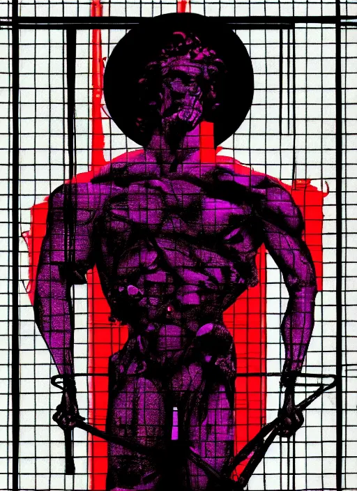 Image similar to black background, statue of hercules, ( ( ( skeleton ) ) ), grey, thin lines, dark, red and purple grid and lines, glitch art, neo vaporwave, gritty, movie poster, layout design, trending on artstation