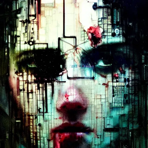 Image similar to a dark cyberpunk dream of wires broken skulls skin cybernetic machines and decay moody hyperrealism 8 k photo atmospheric by jeremy mann francis bacon and agnes cecile ink drips paint smears digita glitches glitchart