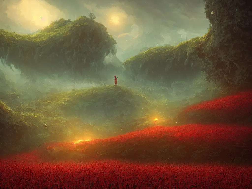 Image similar to Intricate detailed lush ravine with an isolated red barn next to a wheat crop at noon. Wide angle shot, surreal, dreamlike, fantasy, Artstation, Randy Vargas, Anato Finnstark, Bayard Wu, Marc Simonetti.