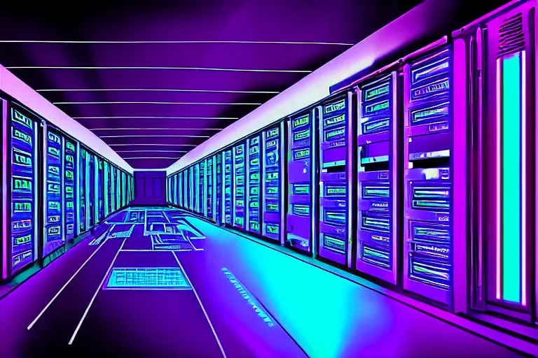 Image similar to realistic robot in a data server room, neon and dark, purple and blue color scheme, by dan mumford and alberto giacometti