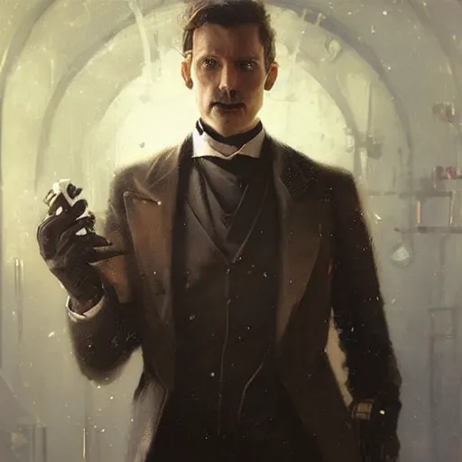 Prompt: a dapper victorian man with a glowing cybernetic device on his chest, sci fi character portrait by greg rutkowski, craig mullins