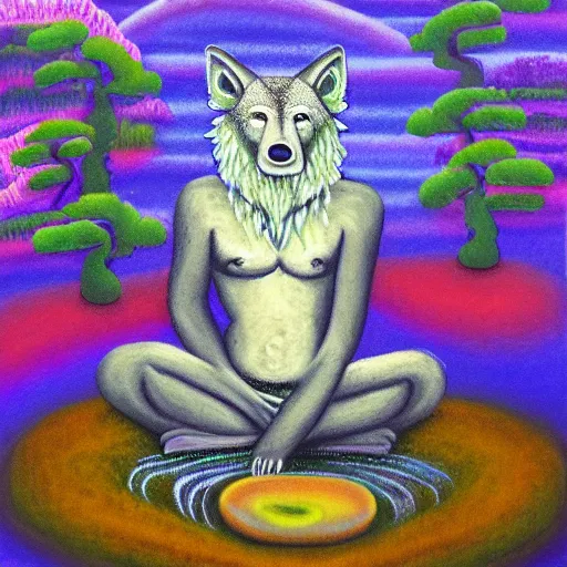 Prompt: an anthromorphic wolf man meditating in a zen garden with a waterfall, by amanda clark in a psychedelic style, oil on canvas, vibrant colors