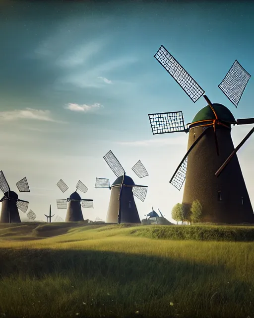 Image similar to hyper realistic, a large vintage painted artists backdrop of holland in the middle ages, with windmills, soft light, photo realistic, hyper detailed, 3 d sci fi render by beeple