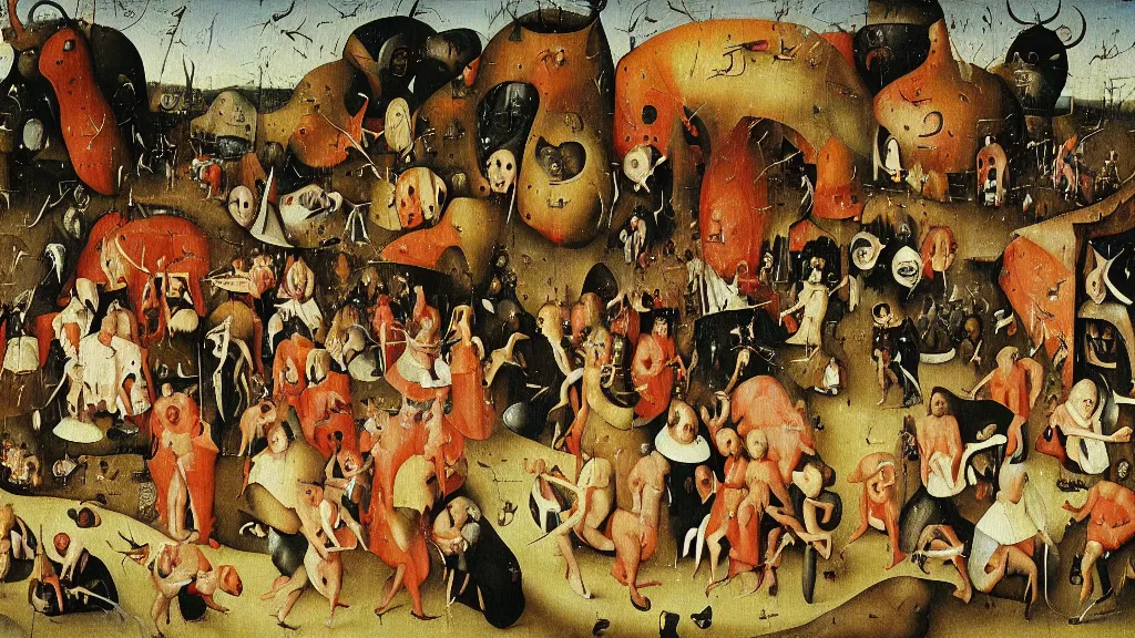 Image similar to a painting by “ hieronymus bosch ” of a closeup view of the cast of “ seinfeld ” being tormented and teased in “ the garden of earthly delights ” featuring kramer and george and newman and elaine and jerry. highly - detailed artwork.