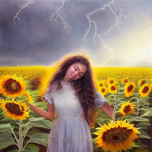 Prompt: a girl smelling one of sunflowers in an amazing tall sunflower field, hair flowing, fog, early morning lightning, subtle, intricate details, real masterpiece, oil on canvas, by somsak anong