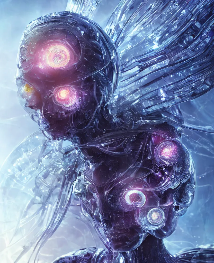 Image similar to epic futuristic ancient close-up macro portrait of the face of a beautiful princess, epic angle and pose, symmetrical artwork, 3d with depth of field, blurred background, cybernetic jellyfish crystal, obsidian, female face skull phoenix bird, translucent, nautilus, energy flows of water and fire. a highly detailed epic cinematic concept art CG render. made in Maya, Blender and Photoshop, octane render, excellent composition, cinematic dystopian brutalist atmosphere, dynamic dramatic cinematic lighting, aesthetic, very inspirational, arthouse. y Greg Rutkowski, Ilya Kuvshinov, WLOP, Stanley Artgerm Lau, Ruan Jia and Fenghua Zhong