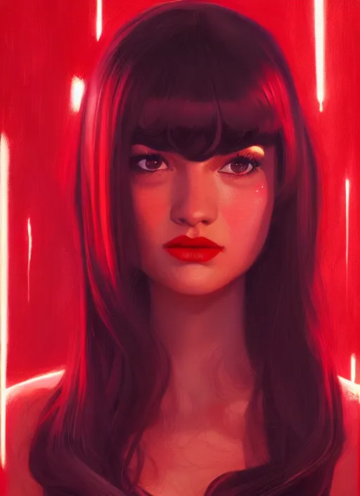 Image similar to portrait of veronica lodge with bangs, 1 9 6 0 s, long hair, red clothes, bangs, intricate, elegant, glowing lights, highly detailed, digital painting, artstation, concept art, smooth, sharp focus, illustration, art by wlop, mars ravelo and greg rutkowski