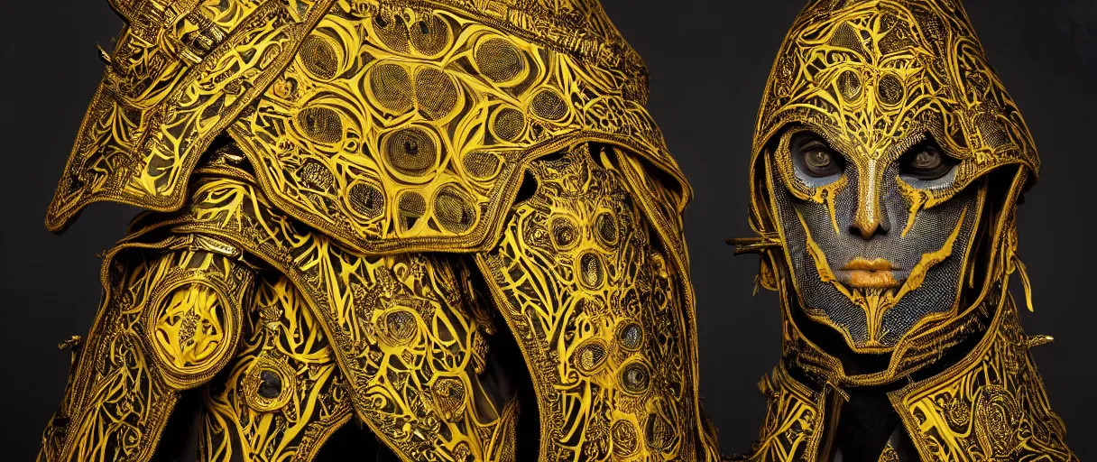 Prompt: hyperrealist highly detailed neo-baroque portrait of obscure high fashion warrior, etched bone armour, intricate silk robes with geometric trippy trippy patterns, concept art pascal blanche dramatic yellow lighting 8k wide angle shallow depth of field