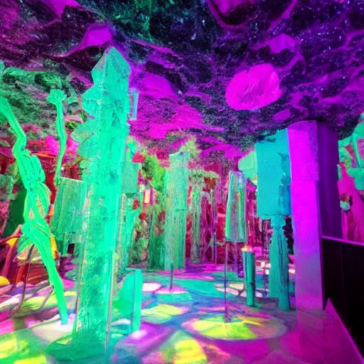 Prompt: the meow wolf crystal cathedral,