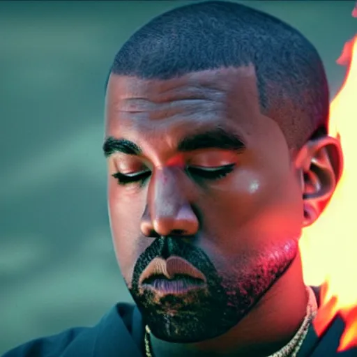 Image similar to cinematic film still of Kanye West starring as a Japanese Sensei with fire, Japanese CGI, VFX, 2003, 40mm lens, shallow depth of field, film photography