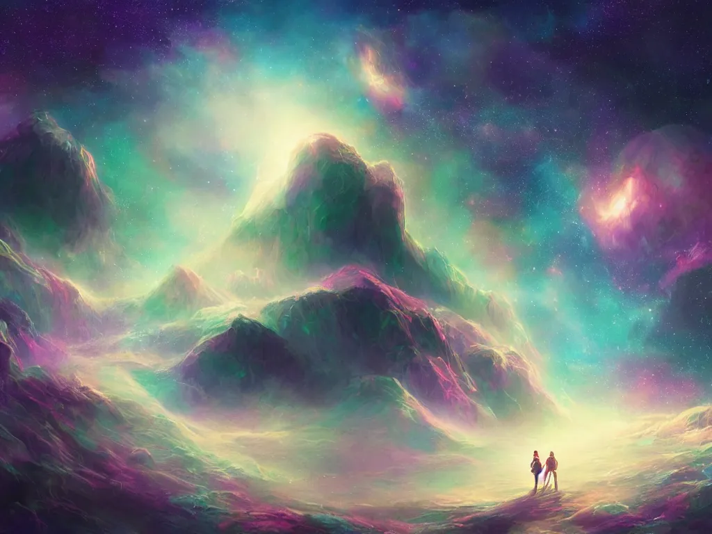 Image similar to A realm of a vast galaxy, five planets, intricate, elegant, fantasy, highly detailed, digital painting, concept art, sharp focus, illustration, beautiful volumetric lighting, deep dark, artstation, magic hour lighting, colorful, springtime, by Elizabeth Miloecute