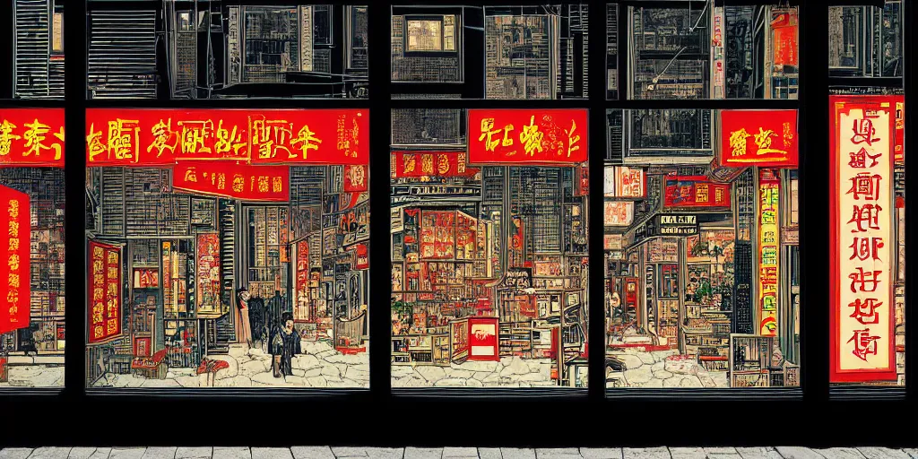 Image similar to a shop window in hong kong, by dan mumford and peter doig and edward hopper, minimal, black in, thick black lines highly detailed, muted colours, overlaid with chinese adverts, 8 k