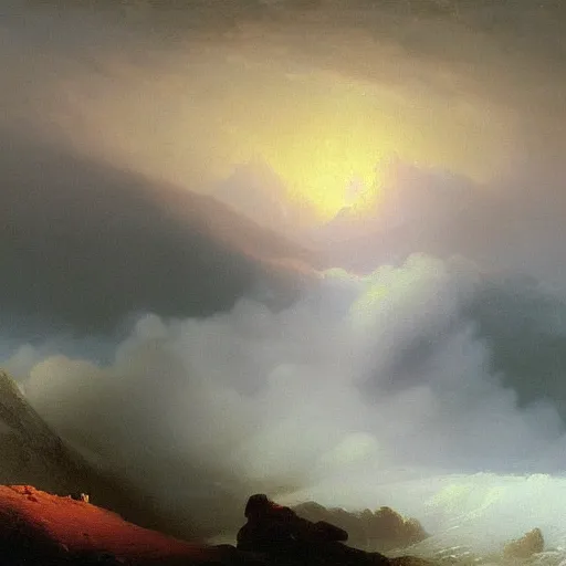 Image similar to a dramatic mountainous landscape matte painting by Ivan Aivazovsky