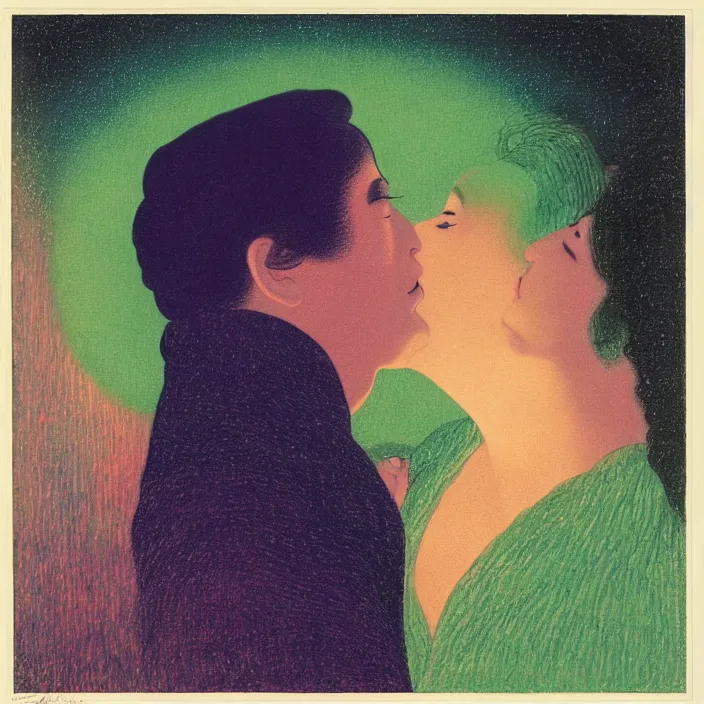 Prompt: close portrait of woman and man kissing. aurora borealis. iridescent, vivid psychedelic colors. painting by georges de la tour, agnes pelton, utamaro, monet