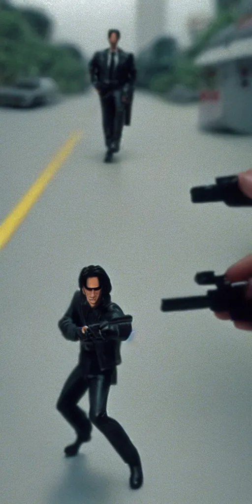 Image similar to beautiful hyperrealism three point perspective film still of Keanu Reeves as neo aiming two uzi at agent smith in a nice oceanfront promenade motorcycle chase scene in Matrix meets ronin(1990) extreme closeup portrait in style of 1990s frontiers in translucent porclein miniature street photography seinen manga fashion edition, miniature porcelain model, focus on face, eye contact, tilt shift style scene background, soft lighting, Kodak Portra 400, cinematic style, telephoto by Emmanuel Lubezki