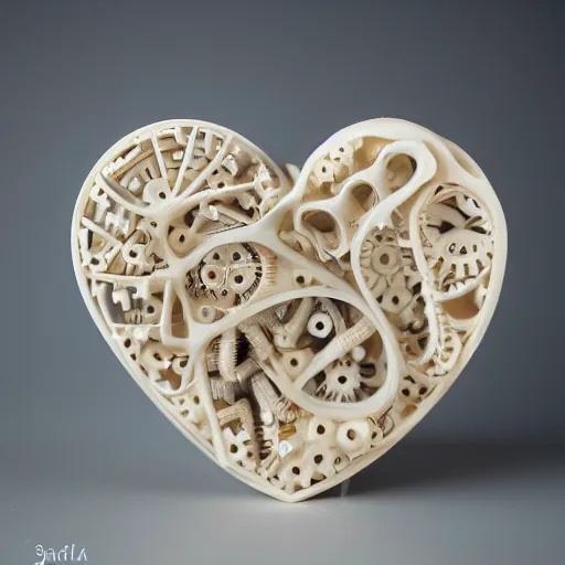 Image similar to bio mechanical heart carved out of ivory, canon 5 d 5 0 mm lens