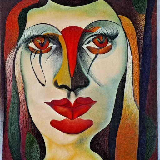 Image similar to floral face portrait by leonetto cappiello and wojciech siudmak and ernst fuchs, anni albers, oil on canvas