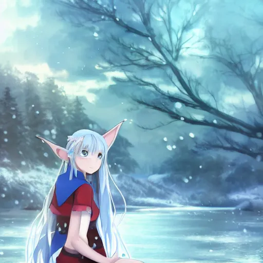 Prompt: a very beautiful anime elf girl, full body, long straight silver hair, sky blue eyes, full round face, short smile, casual clothes, ice snowy lake setting, cinematic lightning, medium shot, mid-shot, highly detailed, trending on Artstation, Unreal Engine 4k, cinematic wallpaper by Stanley Artgerm Lau, WLOP, Rossdraws, James Jean, Andrei Riabovitchev, Marc Simonetti, and Sakimichan