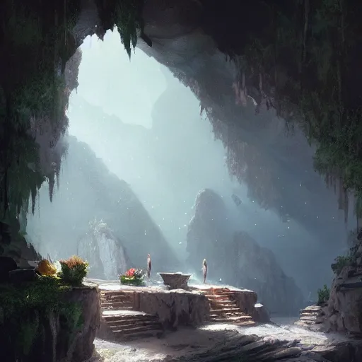 Prompt: cozy, empty bathhouse hidden in a cave, intimate candlelight, towels, cushions, natural light, lush plants and flowers, (((((((no people))))))))), elegant, smooth cave rock, fantasy, atmospheric lighting, digital painting, Greg Rutkowski concept art