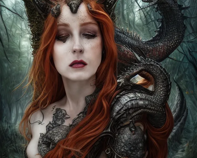 Image similar to 5 5 mm portrait of an armored gorgeous anesthetic redhead woman with a face tattoo and horns growing from her head, and small dragon sitting on her shoulder in a magical forest in the style of stefan kostic, art by luis royo. highly detailed 8 k. intricate. lifelike. soft light. nikon d 8 5 0. cinematic post - processing