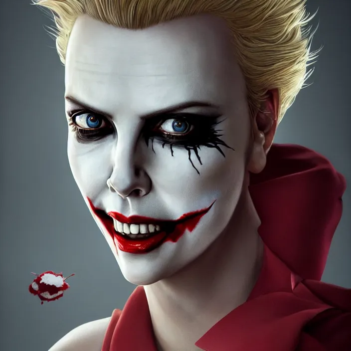 Image similar to portrait of charlize theron as a nurse joker. intricate abstract. intricate artwork. by tooth wu, wlop, beeple, dan mumford. octane render, trending on artstation, greg rutkowski very coherent symmetrical artwork. cinematic, hyper realism, high detail, octane render, 8 k, iridescent accents