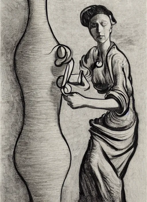 Image similar to abstract stylized charcoal drawing of a woman working on a tall vase at a pottery wheel, da vinci, van gogh, miro, vermeer