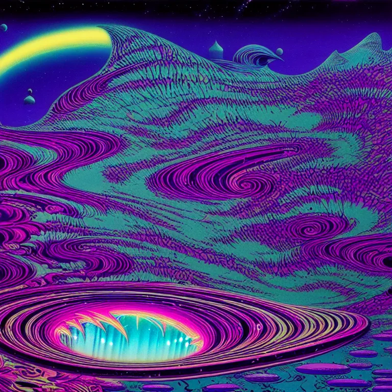 Image similar to mysterious edge of interstellar space, psychedelic waves, synthwave, bright neon colors, highly detailed, cinematic, eyvind earle, tim white, philippe druillet, roger dean, ernst haeckel, lisa frank, aubrey beardsley