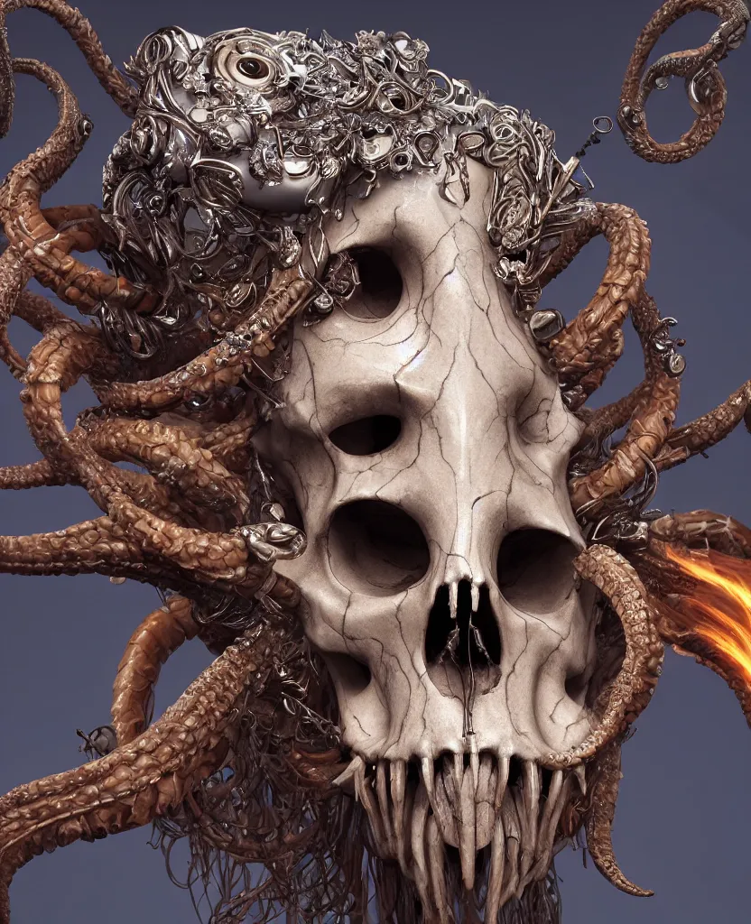 Image similar to close-up macro portrait of the face of a beautiful princess with ram animal skull mask, epic angle and pose, ribcage skeleton symmetrical artwork, 3d with depth of field, blurred background, cybernetic jellyfish female face phoenix bird, translucent, nautilus, energy flows of water and fire. a highly detailed epic cinematic concept art CG render. made in Maya, Blender and Photoshop, octane render, excellent composition, cinematic dystopian brutalist atmosphere, dynamic dramatic cinematic lighting, aesthetic, very inspirational, arthouse. y Greg Rutkowski, Ilya Kuvshinov, WLOP, Stanley Artgerm Lau, Ruan Jia and Fenghua Zhong