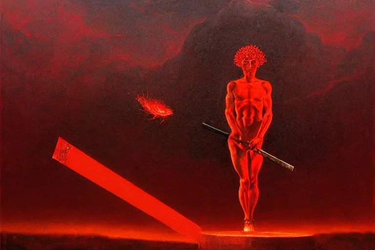 Image similar to only with red, a red melted apollo with a laurel wreath and a flaming sword announce the win, athens in the background, in the style of beksinski, part by hopper, part by rodcenko, part by hofbauer, intricate composition, red by caravaggio, insanely quality, highly detailed, masterpiece, red light, artstation