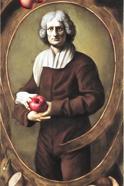 Image similar to isaac newton holding an apple, collage