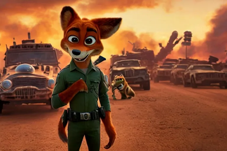 Image similar to nick wilde ( from zootopia ), heavily armed and armored facing down armageddon in a dark and gritty reboot from the makers of mad max : fury road