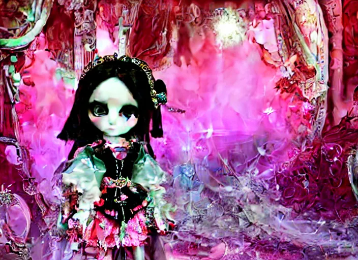 Image similar to baroque bedazzled gothic royalty frames surrounding a pixelsort emo demonic horrorcore japanese beautiful fairy kei doll, sharpened early computer graphics, remastered chromatic aberration