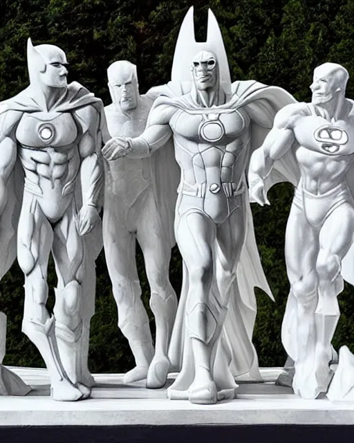 Image similar to a giant white marble sculpture depicting the Justice league, detailed, intricate Marble sculptures of Green Lantern, Flash, Superman, Batman, Wonder Woman, Aquaman and Martian Manhunter all carved out of one giant Block of Marble