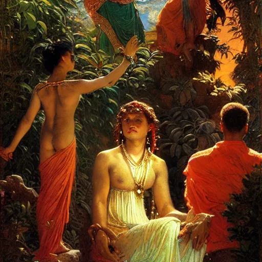 Prompt: 8 0 s srilankan old cunning man worshipping woman as false prophet prophet, painting by gaston bussiere, craig mullins, j. c. leyendecker, lights, art by ernst haeckel, john william godward, hammershøi,,