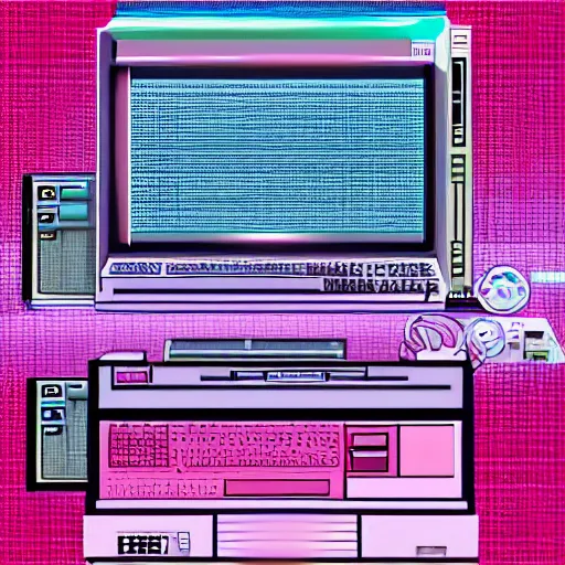 Image similar to A computer from the 90s in the style of vaporwave