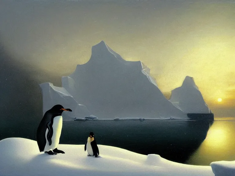 Image similar to an oil painting of a penguin playing in pure white snow on a misty iceberg at dusk. aurora. by tuomas korpi moebius and carl spitzweg. baroque elements. intricate artwork by caravaggio. oil painting. oil on canvas. award winning. dramatic. trending on artstation. 8 k