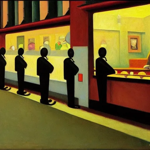 Image similar to robots queue up for ice cream, grant wood, pj crook, pj crook, ( ( ( edward hopper ) ) ), oil on canvas