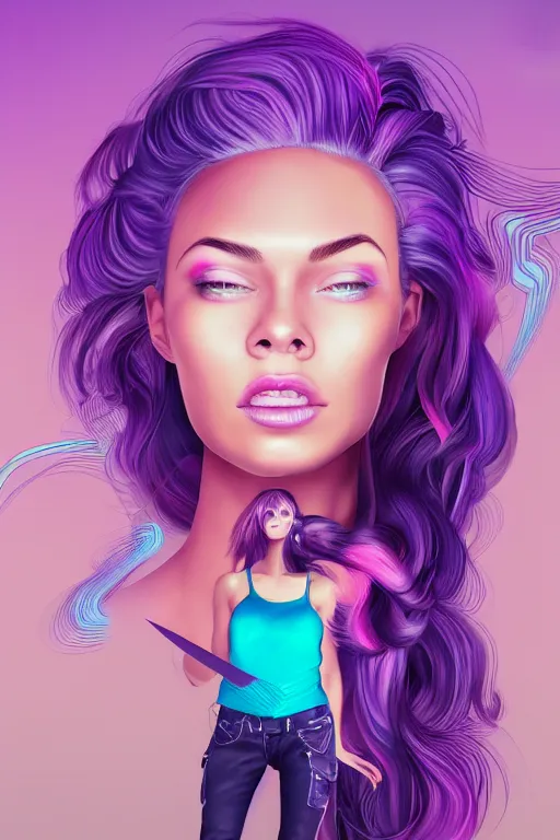 Prompt: a award winning half body portrait of a beautiful woman with stunning eyes in a croptop and cargo pants with ombre purple pink teal hairstyle with head in motion and hair flying by thomas danthony, surrounded by whirling illuminated lines, outrun, vaporware, shaded flat illustration, digital art, trending on artstation, highly detailed, fine detail, intricate