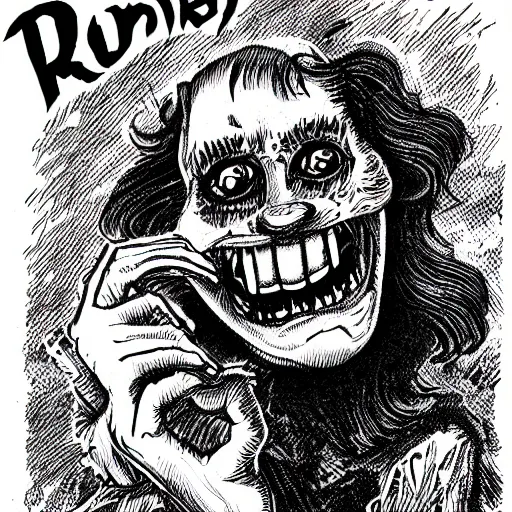 Image similar to a Pop Wonder scary horror themed goofy-hilarious-character r-Crumb, dime-store-comic drawn with charcoal and pen and ink, half-tone-line-stacking