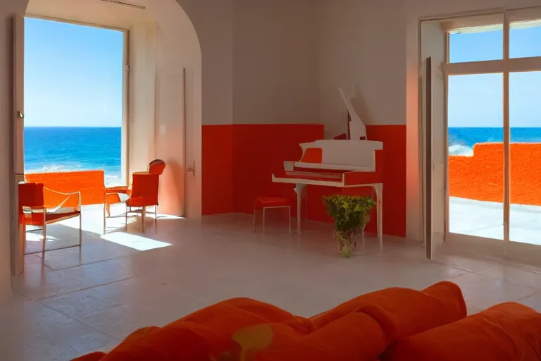 Prompt: a room of a villa with orange walls white floor plants, red piano, a big window with a view of the beach and sea, beautiful cinematic masterpiece very detailed