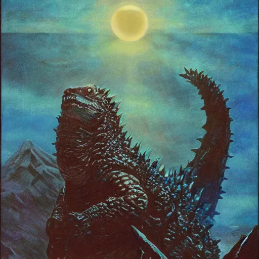 Image similar to godzilla, deep sea, sunset, portrait by gerald brom, by mikhail vrubel, by peter elson, muted colors, extreme detail, trending on artstation, 8 k