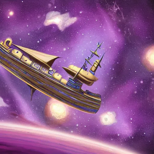 Image similar to spelljammer ship floating in space, purple