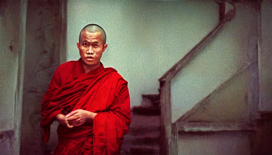 Prompt: 7 0 s film still from a horror movie about a buddhist monk, kodachrome, cinecolor, cinestill, film grain, film texture, retro, cinematic, high resolution, photorealism,