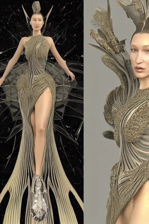 Image similar to a highly detailed 3 d render painting of a beautiful alien goddess bella hadid in iris van herpen dress schiaparelli in diamonds in style of alphonse mucha trending on artstation made in unreal engine 4