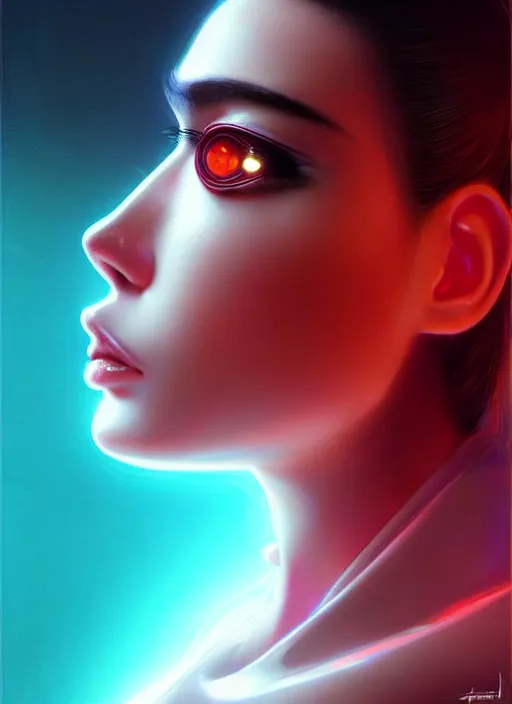 Prompt: photorealistic an oriental female humanoid with freckle cheeks, cyber neon lightings, futurism, cyberpunk high fashion, elegant profile pose, intricate details, crispy quality, digital photography, trending in artstation, trending in pinterest, no watermark signature, cinematic, 4 k ultra hd, art by artgerm, art by greg rutkowski, art by pascal blanche
